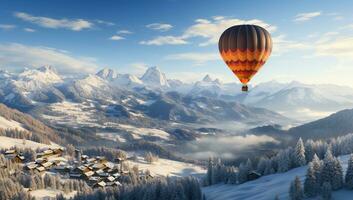 Hot air balloon flying over the beautiful winter landscape. AI Generated. photo