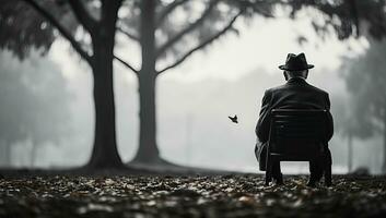 Man in hat sitting on a chair in a foggy forest AI Generated photo