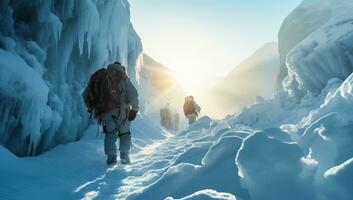 caminantes con mochilas y raquetas de nieve caminar a lo largo Nevado sendero ai generado foto