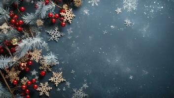 Navidad antecedentes con copos de nieve y rojo bayas en oscuro azul antecedentes ai generado foto