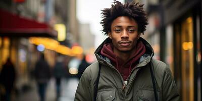joven africano americano hombre con afro peinado en el ciudad. ai generado. foto