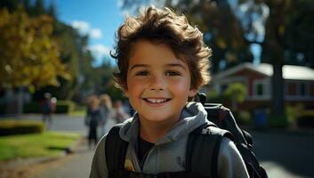 retrato de un linda pequeño chico con mochila en pie en el parque. ai generado. foto