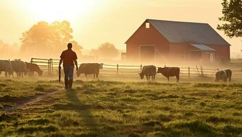 Farmer standing in front of his herd of cows in the morning. AI Generated. photo