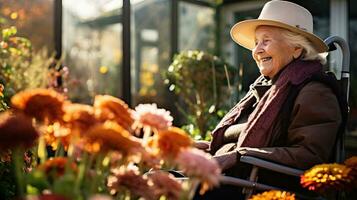 Senior woman sitting in a wheelchair in the garden. AI Generated. photo