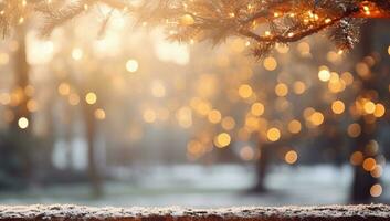 Christmas background with bokeh lights and snow-covered pine branches AI Generated photo