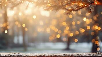 Navidad antecedentes con bokeh luces y cubierto de nieve pino ramas ai generado foto