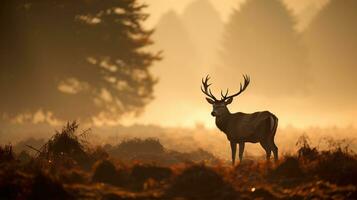 Red Deer Cervus elaphus in the morning mist. AI Generated. photo