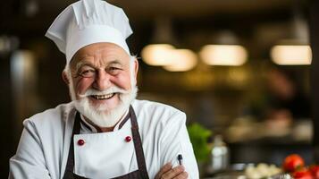 retrato de mayor masculino cocinero sonriente mientras en pie en un restaurante cocina. ai generado. foto