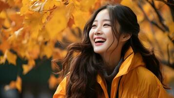 Portrait of beautiful young asian woman wearing yellow raincoat in autumn park AI Generated photo