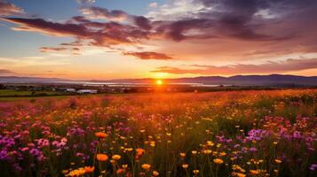 Sunset in the field with cosmos flowers AI Generated photo