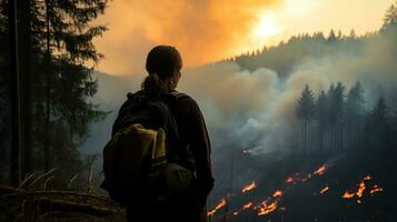 Silhouette of a hiker on the background of a forest fire. AI Generated. photo