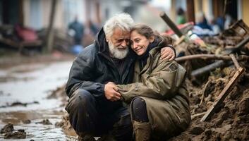 Homeless senior couple sitting on the muddy ground and hugging each other AI Generated photo