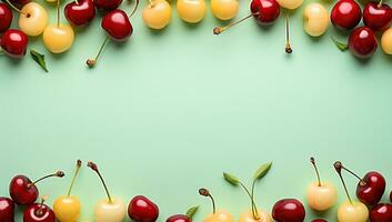 Top view of ripe cherries on color background with space for text AI Generated photo