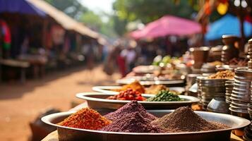 Colorful spices and herbs for sale at a local market AI Generated photo