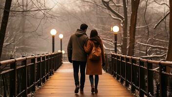 Pareja en amor caminando en un de madera puente en un invierno parque. ai generado. foto