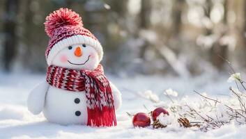 Snowman with red scarf and hat on snow in winter forest AI Generated photo