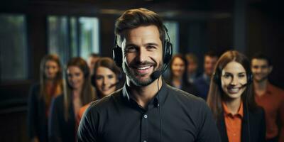 Portrait of smiling male customer support operator with headset in call center AI Generated photo