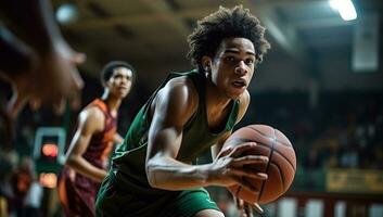 retrato de africano americano hombre jugando baloncesto a Deportes arena. ai generado. foto