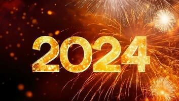 Happy New Year 2024 celebration background with fireworks and bokeh lights. AI Generated. photo