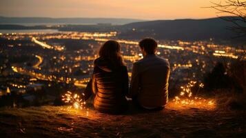 Couple in love sitting on top of the mountain and looking at the city AI Generated photo