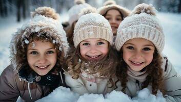 contento niños en invierno y sonriente en Nevado parque. ai generado. foto