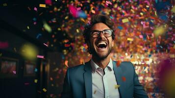 Portrait of a cheerful businessman with confetti flying around him AI Generated photo