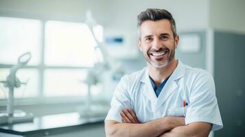 Portrait of smiling male dentist standing with arms crossed in dental clinic AI Generated photo