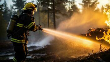 Firefighter fighting a fire in the forest at sunset. Firefighter in action. AI Generated. photo