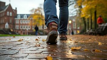 Close up of legs of a man walking in the park during autumn. AI Generated. photo