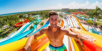 joven hombre teniendo divertido en agua diapositiva a parque acúatico. verano vacaciones y viaje concepto ai generado foto