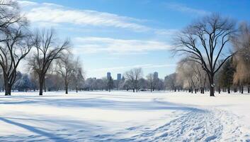 a snow covered field with trees and buildings in the background. AI Generated. photo