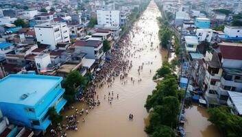 Heavy flooding from monsoon rain. AI Generated. photo