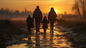 familia caminando en un charco en un soleado invierno día a puesta de sol ai generado foto