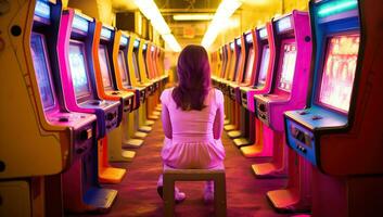 Young woman playing arcade game in night time. AI Generated. photo