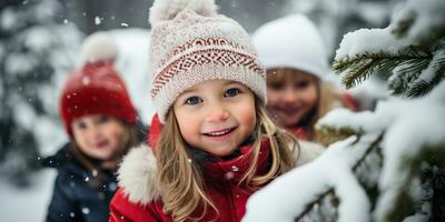 Portrait of happy children in winter park. AI Generated. photo