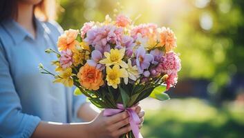 bouquet of different flowers in the hands of a girl AI Generated photo