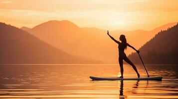 a woman standing on a paddle board in the water AI Generated photo