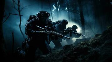 especial efectivo soldado con asalto rifle en oscuro bosque ai generado foto
