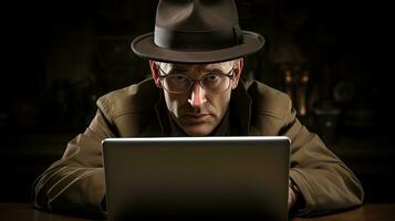 Portrait of a detective in a hat and coat using a laptop AI Generated photo