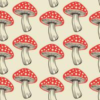 Seamless pattern. Vector flat fly agaric mushroom black background. amanita. vintage colors