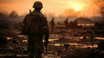 Ejército especial efectivo soldado en acción a puesta de sol. campo de batalla. ai generado. foto