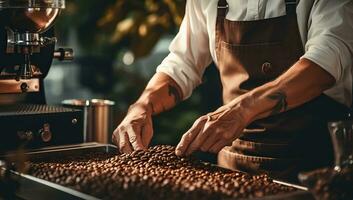 de cerca de barista trabajando con café frijoles en café tienda. ai generado. foto