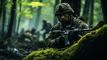 Ejército soldado con asalto rifle en el bosque. ai generado. foto