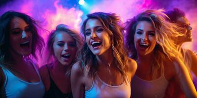 Portrait of beautiful young women dancing in night club with neon light. AI Generated. photo