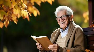 Portrait of senior man reading book in the park at autumn day. AI Generated. photo