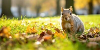 Squirrel in the park on sunny autumn day AI Generated photo