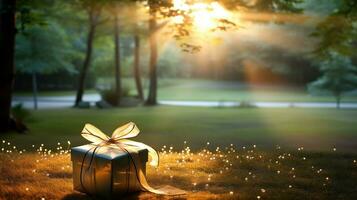 Gift box with golden ribbon on grass in park at sunset. AI Generated. photo
