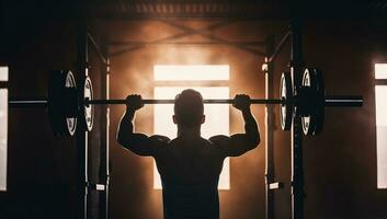 espalda ver de un hombre levantamiento un barra con pesas en un gimnasia. ai generado. foto