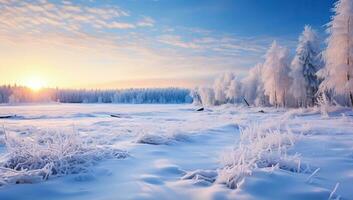 Beautiful winter landscape with trees covered with hoarfrost at sunset. AI Generated. photo