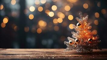 Christmas decoration on wooden table with bokeh lights background and copy space. AI Generated. photo